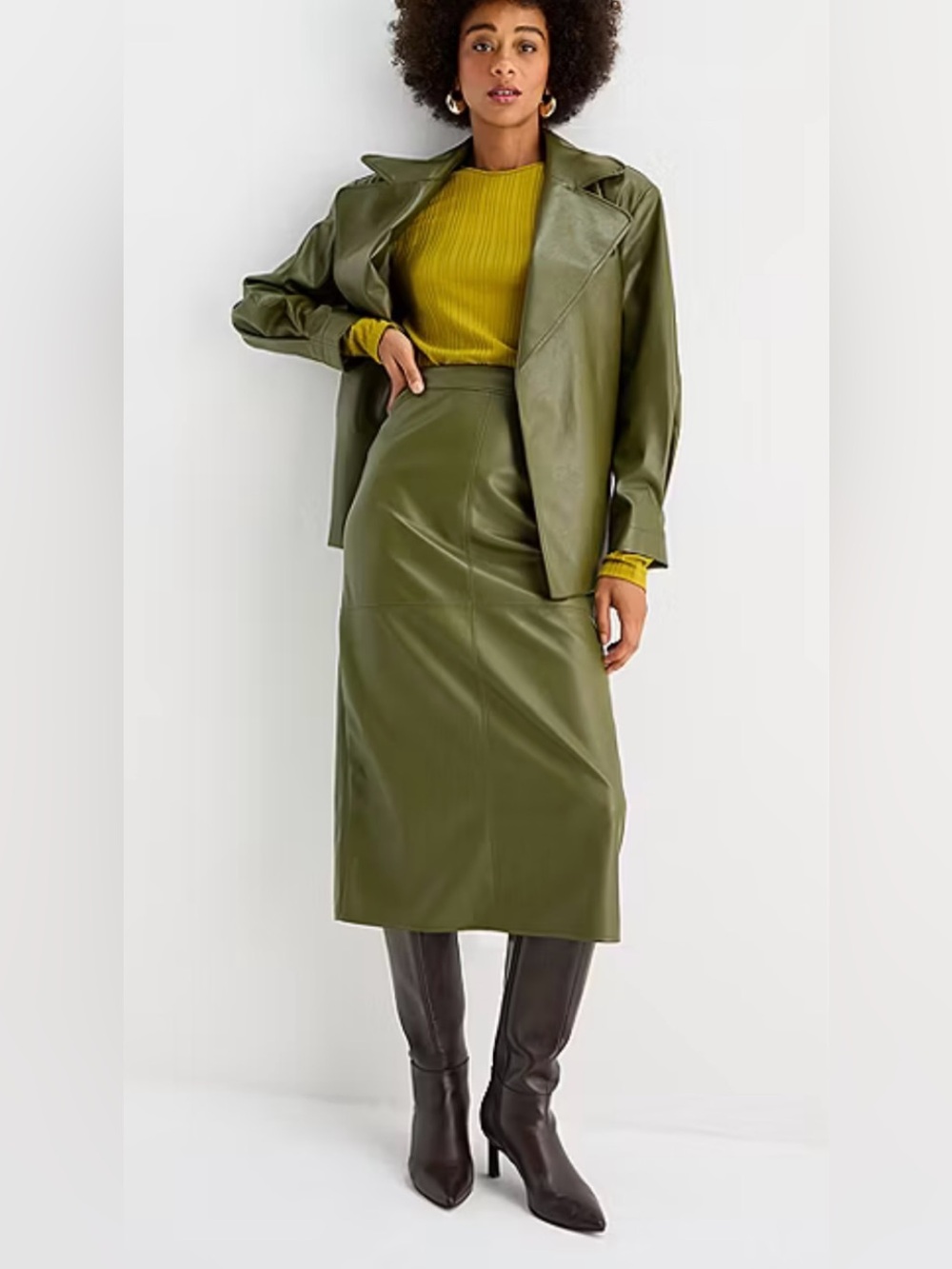 Worthington Olive Green Faux-Leather Midi Skirt